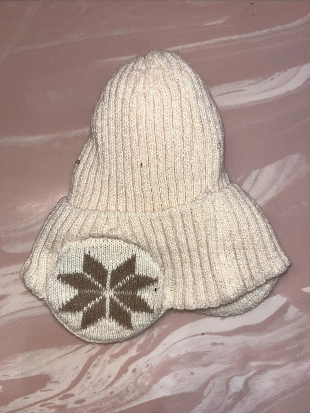 Cream Knit Winter Hat with Brown Star Ear Patches